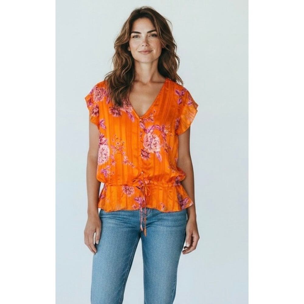 Vince Camuto Summer Heat Floral Peplum Blouse Orange Pink Large NWT